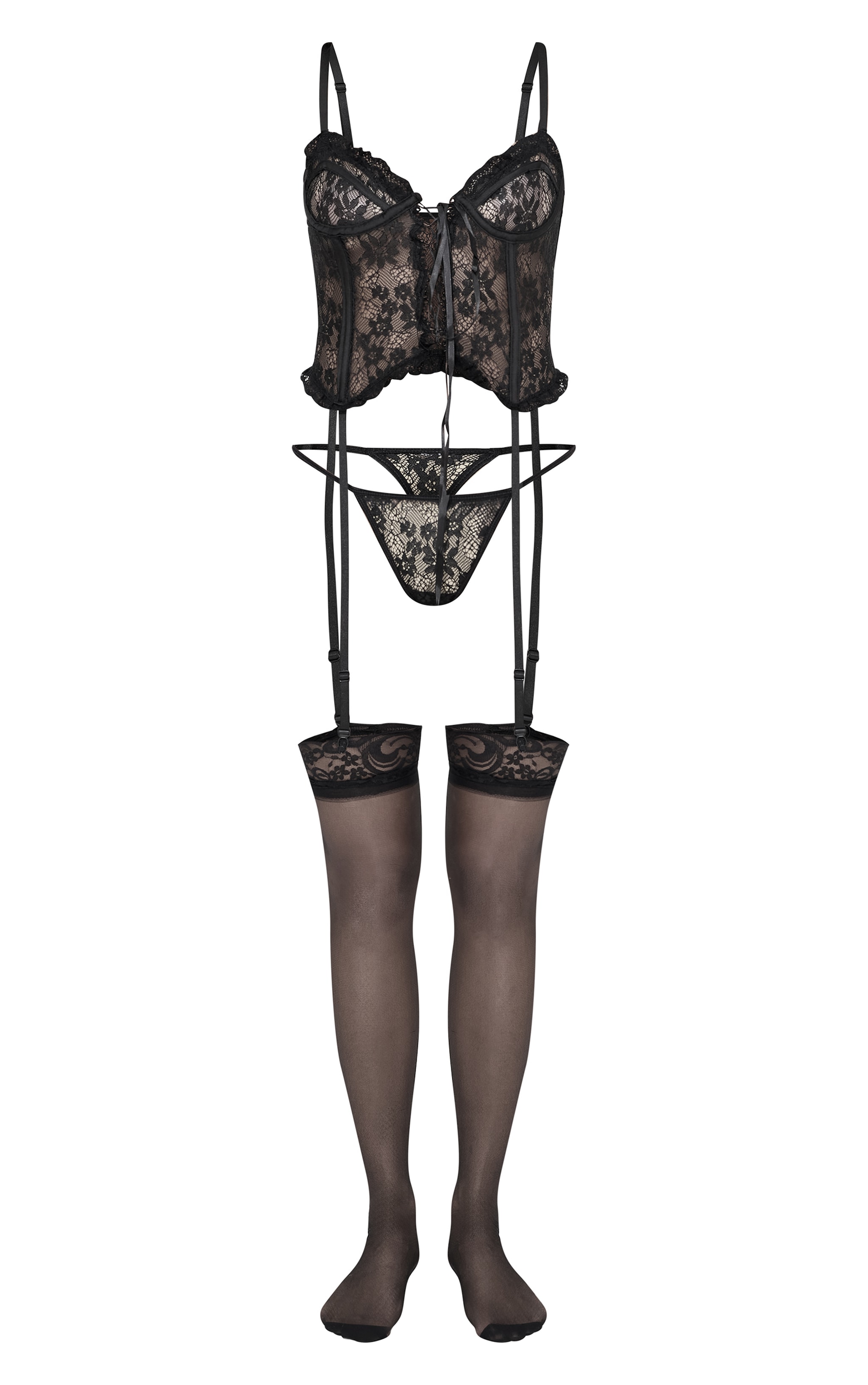 Ensemble en dentelle florale noir à corset lacé, string et porte-jarretelles image 5