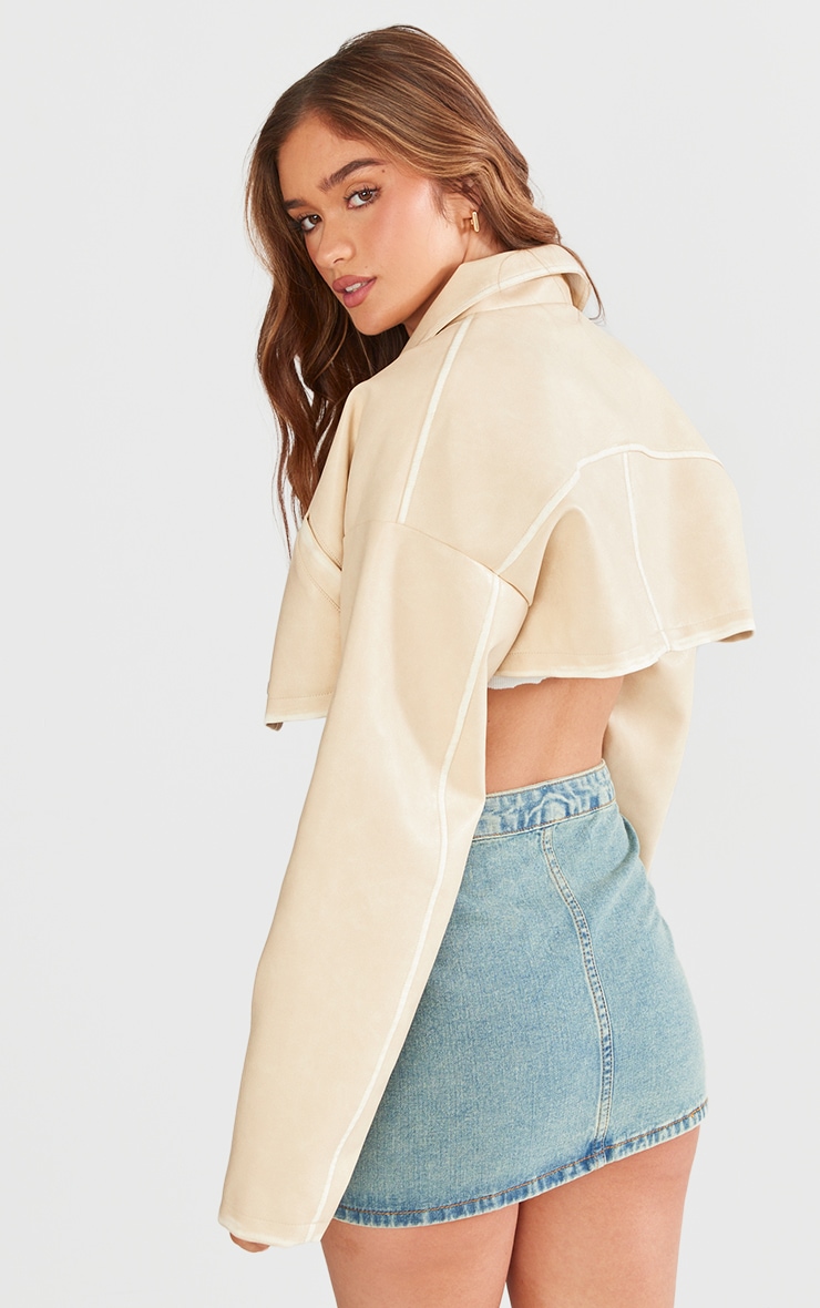 Cream Worn Faux Leather Boxy Cropped Jacket image 2