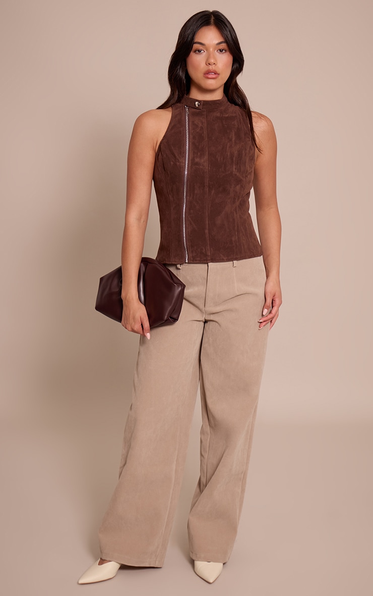 Dark Chocolate Faux Suede Zip Up Sleeveless Top