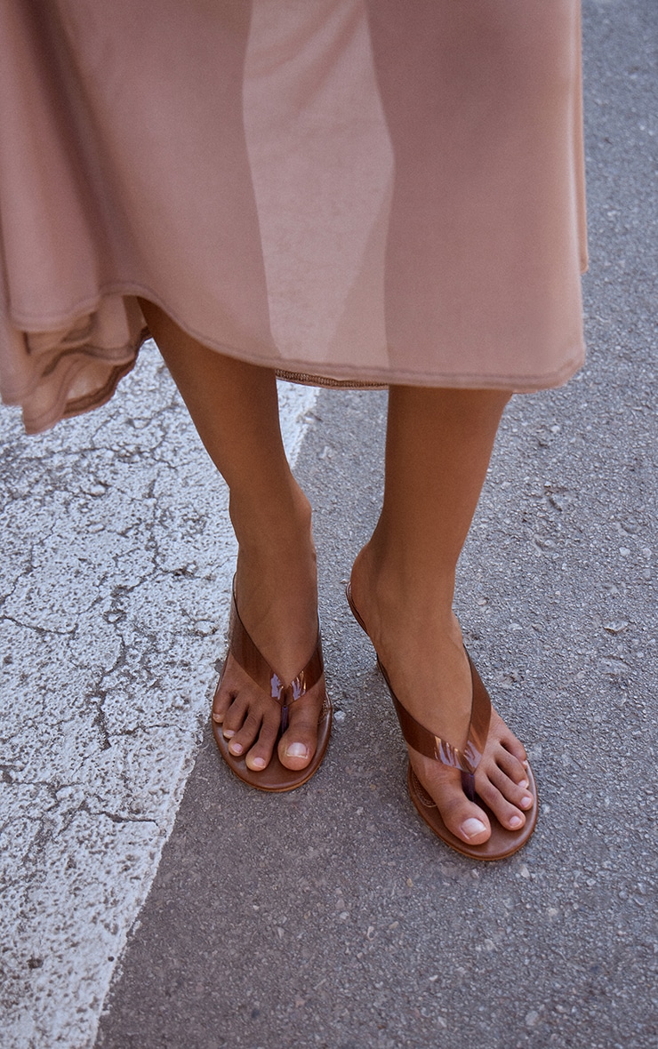 Brown Pu Round Toe Thong Perspex Straps Mid Heeled Mules image 2