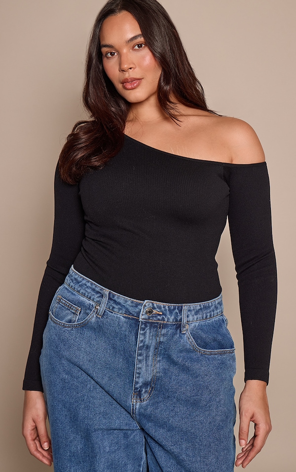 Plus Black  Snatched Rib Asymmetric Long Sleeve Bodysuit