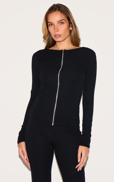 Black Rib Longline Zip Up Top