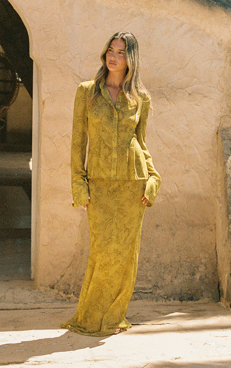 Chartreuse Abstract Print Chiffon Fishtail Maxi Skirt image 1