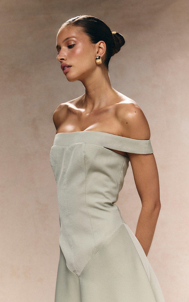 Sage Green Structured Bardot V Waist Maxi Dress image 4
