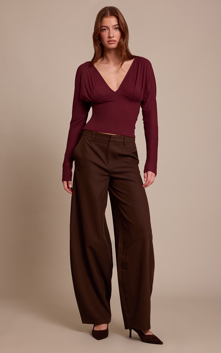 Wine Ultra Soft Plunge Detail Long Sleeve Top image 3