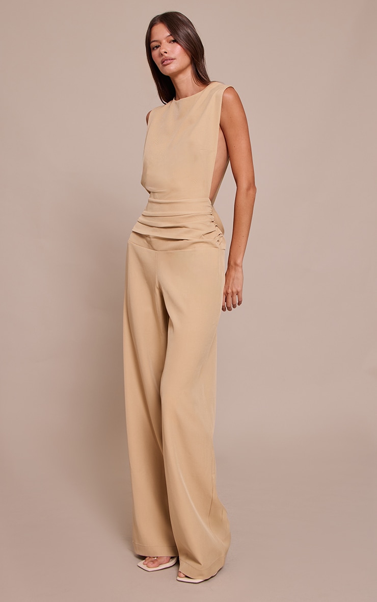 Khaki Woven Crew Neck Ruched Wide Leg Jumpsuit image 3