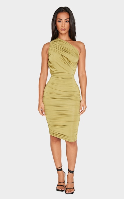 Petite Olive Slinky Ruched One Shoulder Longline Midi Dress