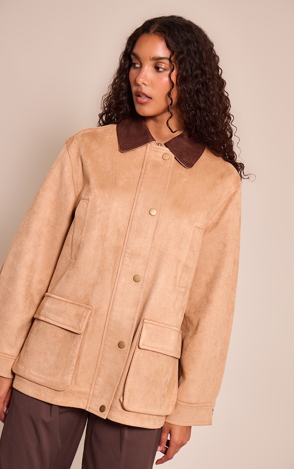 Veste camel à col contrastant et poches oversize