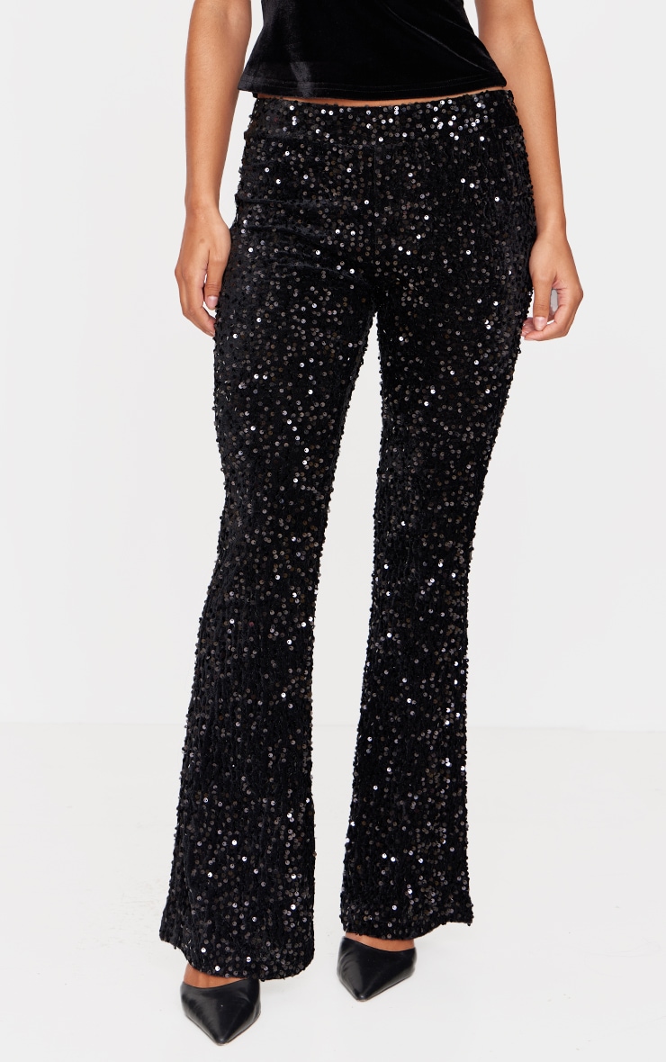 Black Sequin Velvet Flared Pants image 1