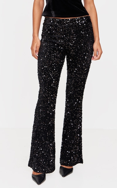 Black Sequin Velvet Flared Pants