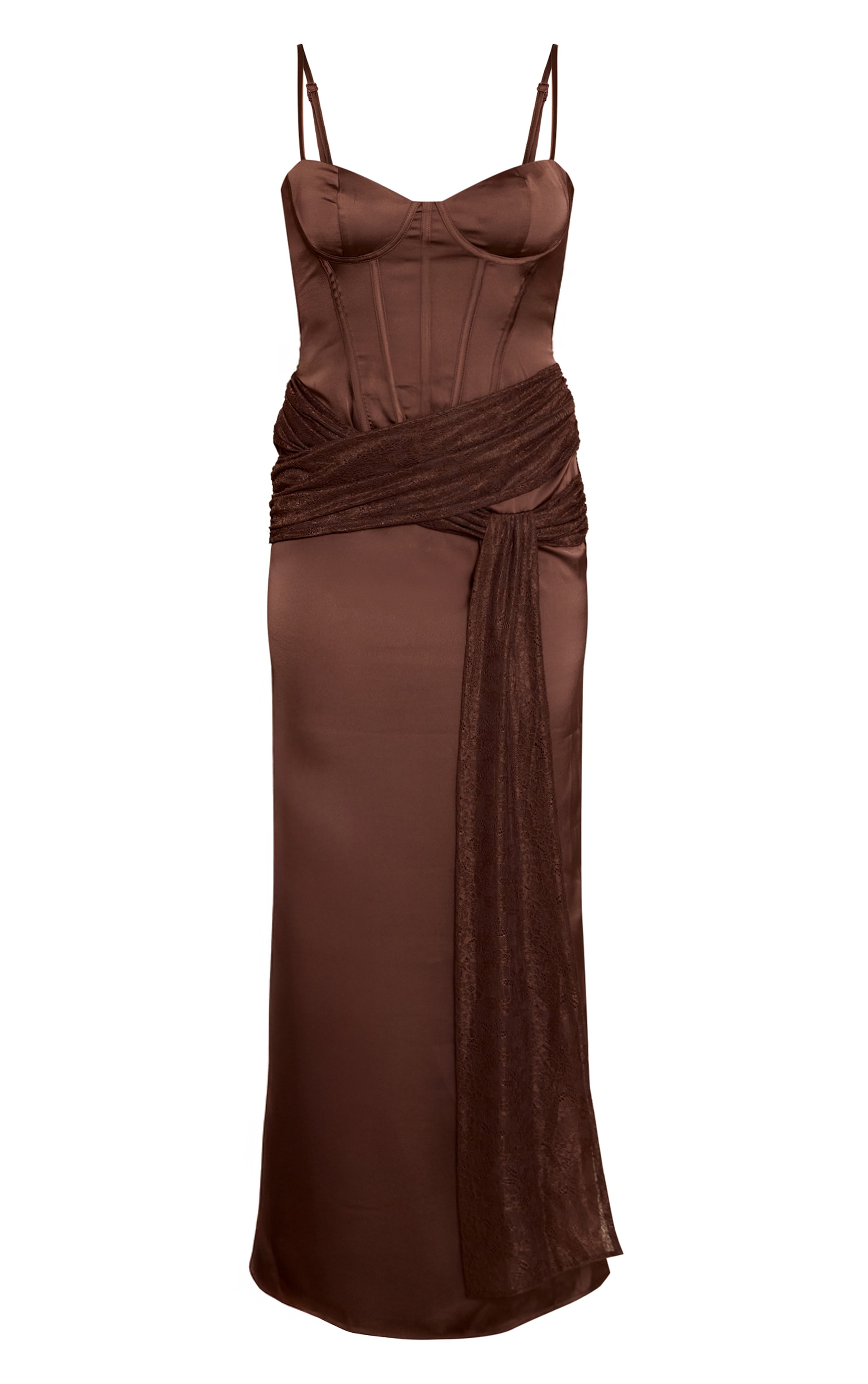Chocolate Satin Corset Lace Wrap Detail Maxi Dress image 5