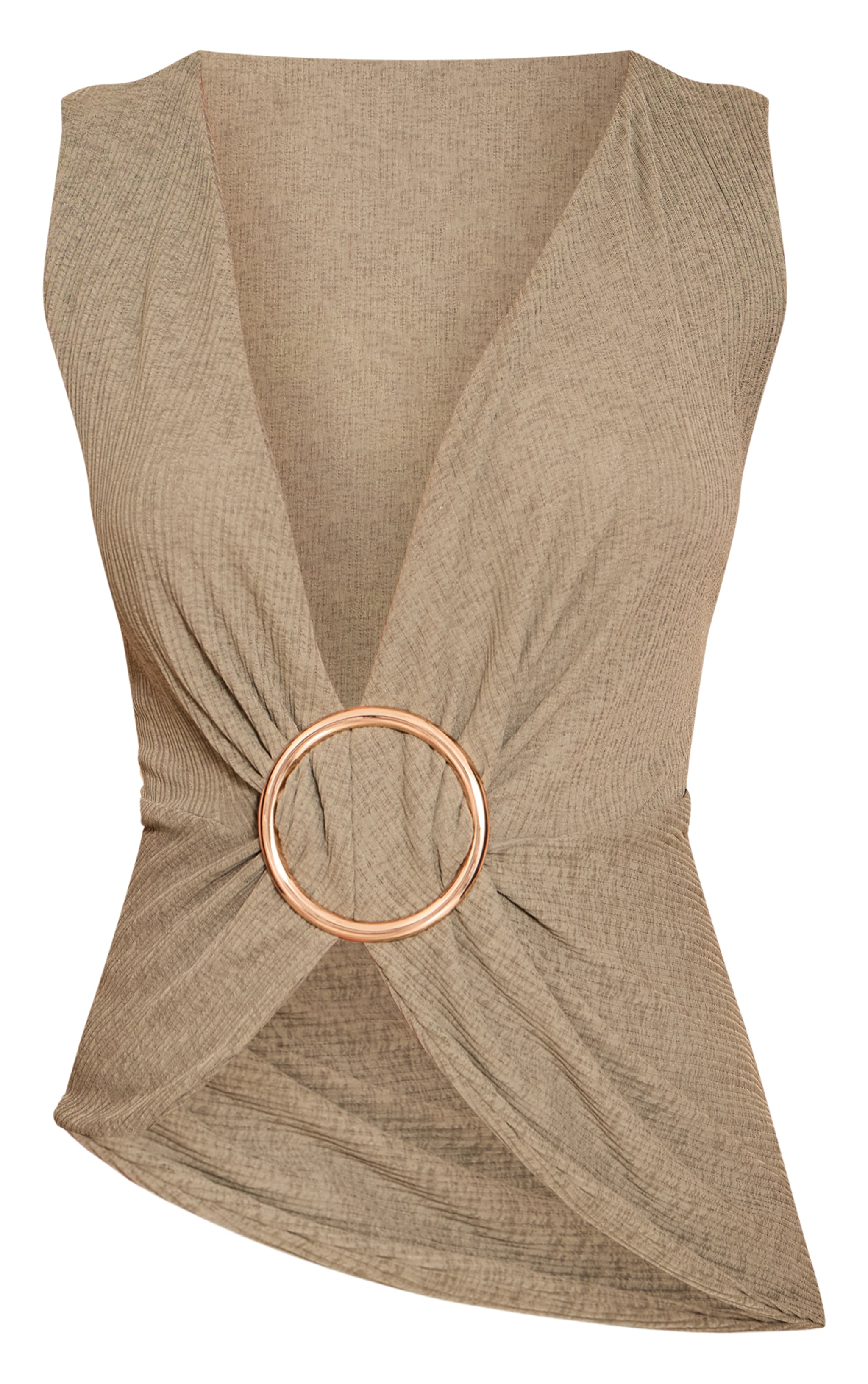 Khaki Ribbed Onion Skin Trim Detail Plunge Top image 5