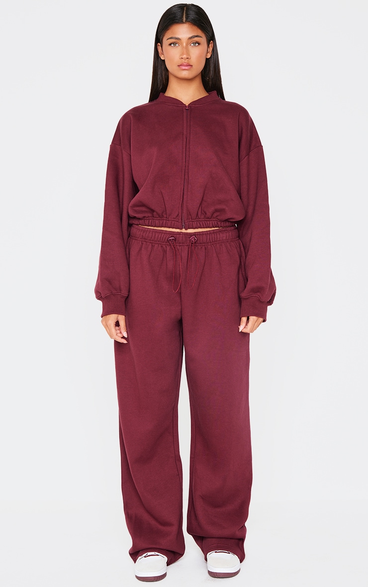 Burgundy Drawcord Waist Cropped Zip Up Sweatshirt image 3