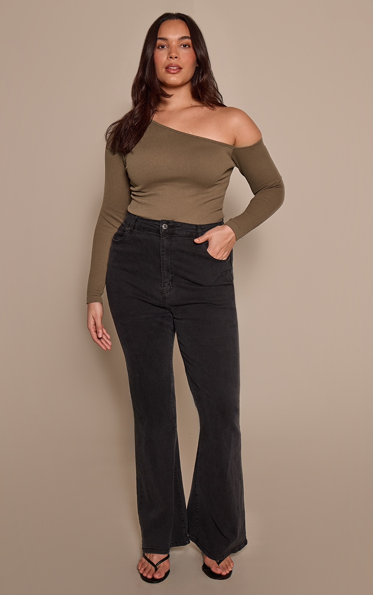 Plus Olive Snatched Rib Asymmetric Long Sleeve Bodysuit image 3