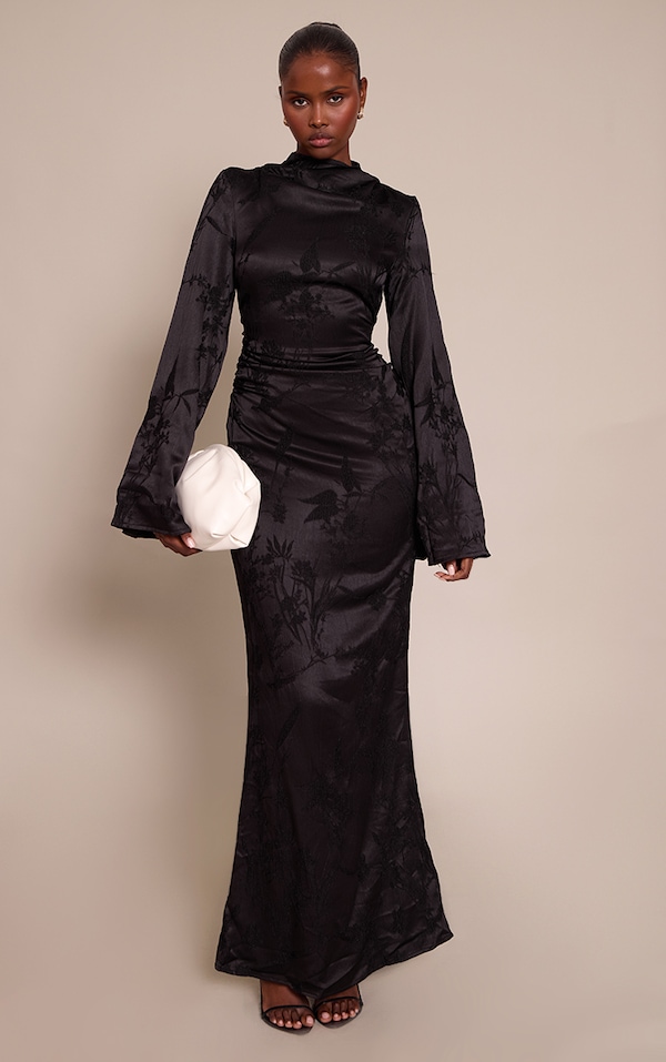 Black Floral Jacquard High Neck Flared Sleeve Maxi Dress