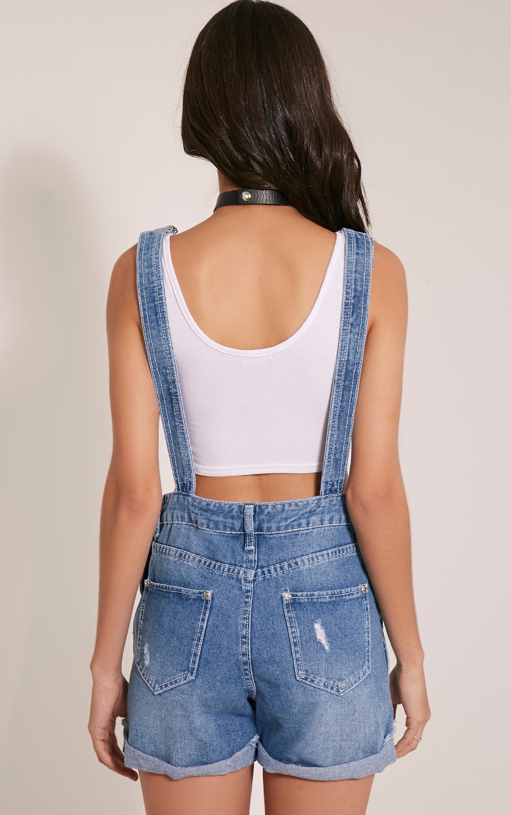 Fianna Blue Mid Wash Zip Front Denim Short Dungaree PrettyLittleThing