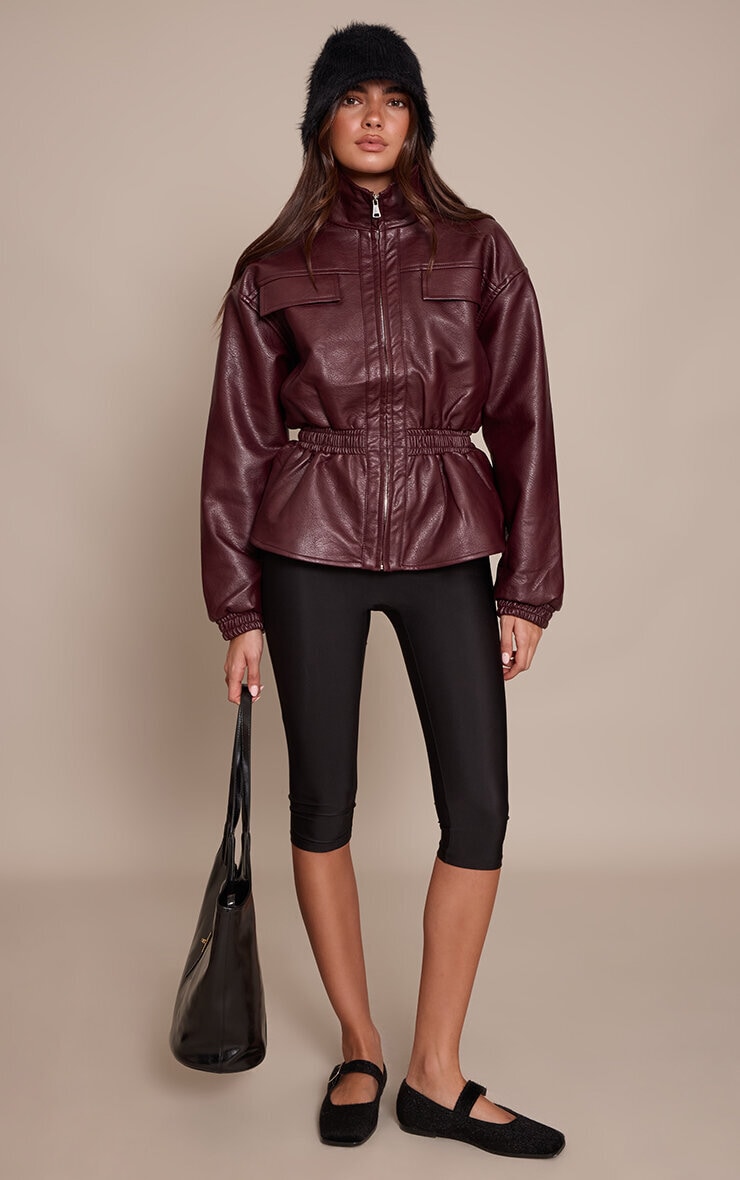 Chocolate Plum High Neck Cinched Waist Faux Leather Jacket image 3