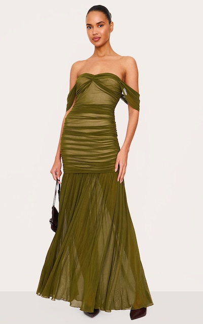 Robe longue en mesh vert olive froncée à col bardot