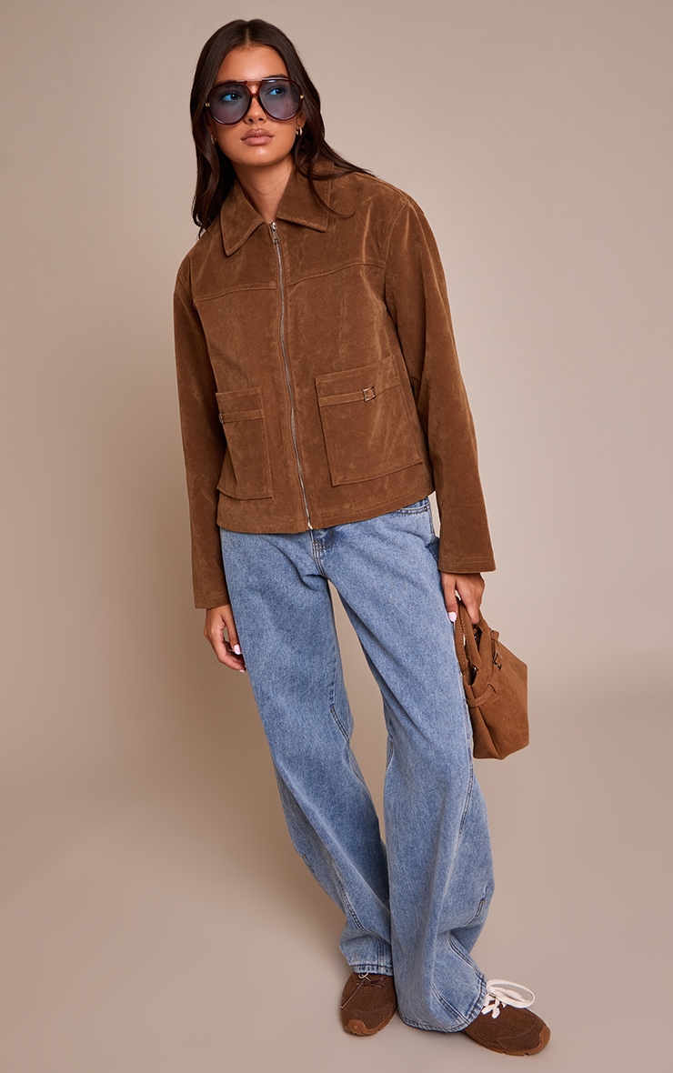 Tan Pocket Trim Faux Suede Jacket image 3