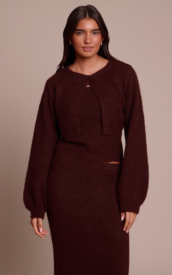 Cardigan très court en maille tricot marron