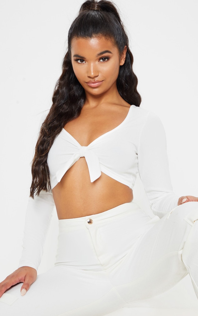 White Tie Bow Front Crop Top Tops PrettyLittleThing