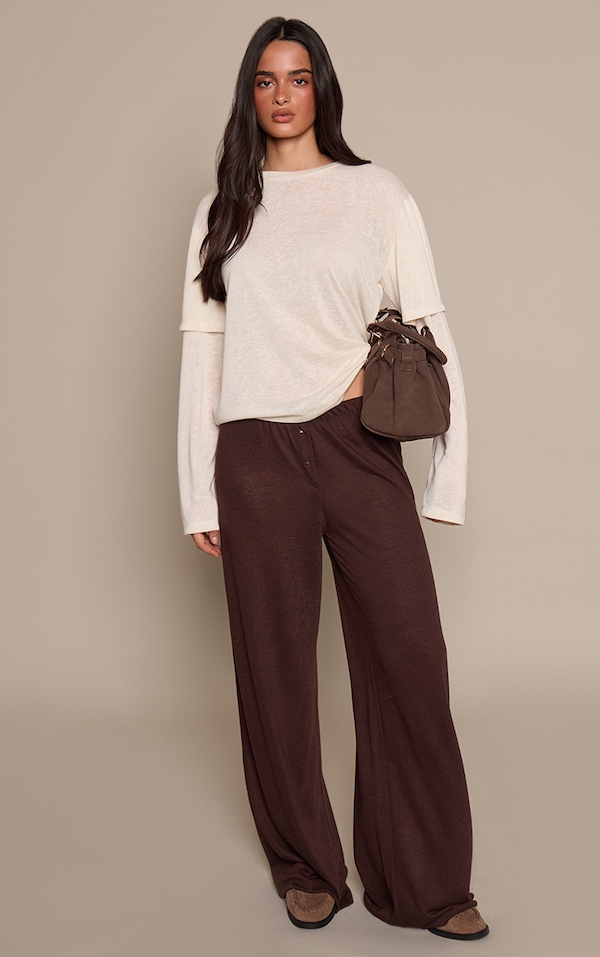 Dark Chocolate Marl Slub Jersey Button Detail Wide Leg Trouser