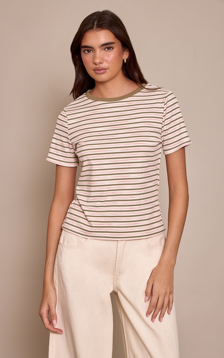 Khaki Soft Rib Striped Detail Fitted Short Sleeve Top