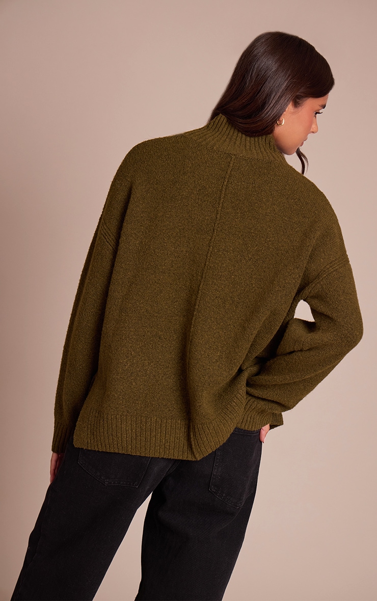Khaki Oversized Polo Neck Knitted Sweater image 2