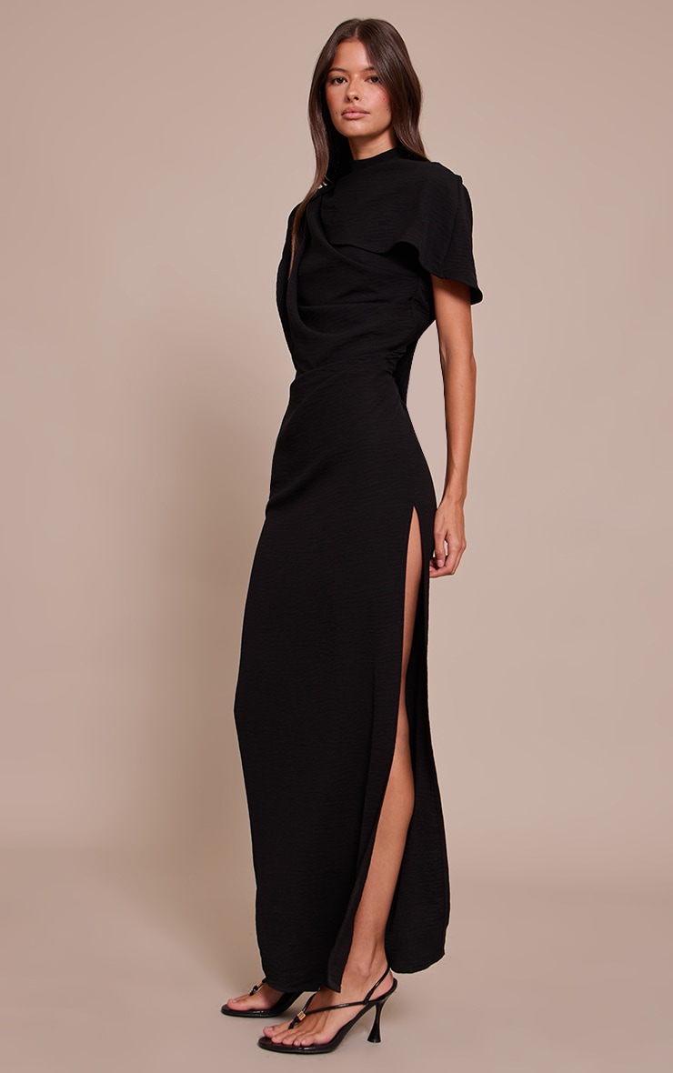 Black Textured High Neck Pleated Maxi Dress image 3
