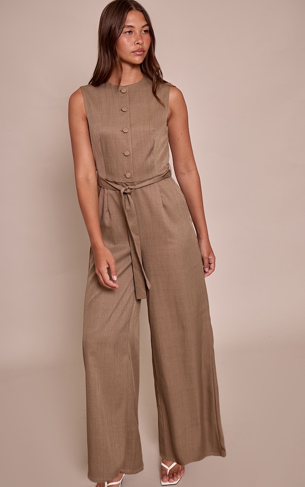 Taupe Woven Button Tie Belt Wide Leg Jumpsuit
