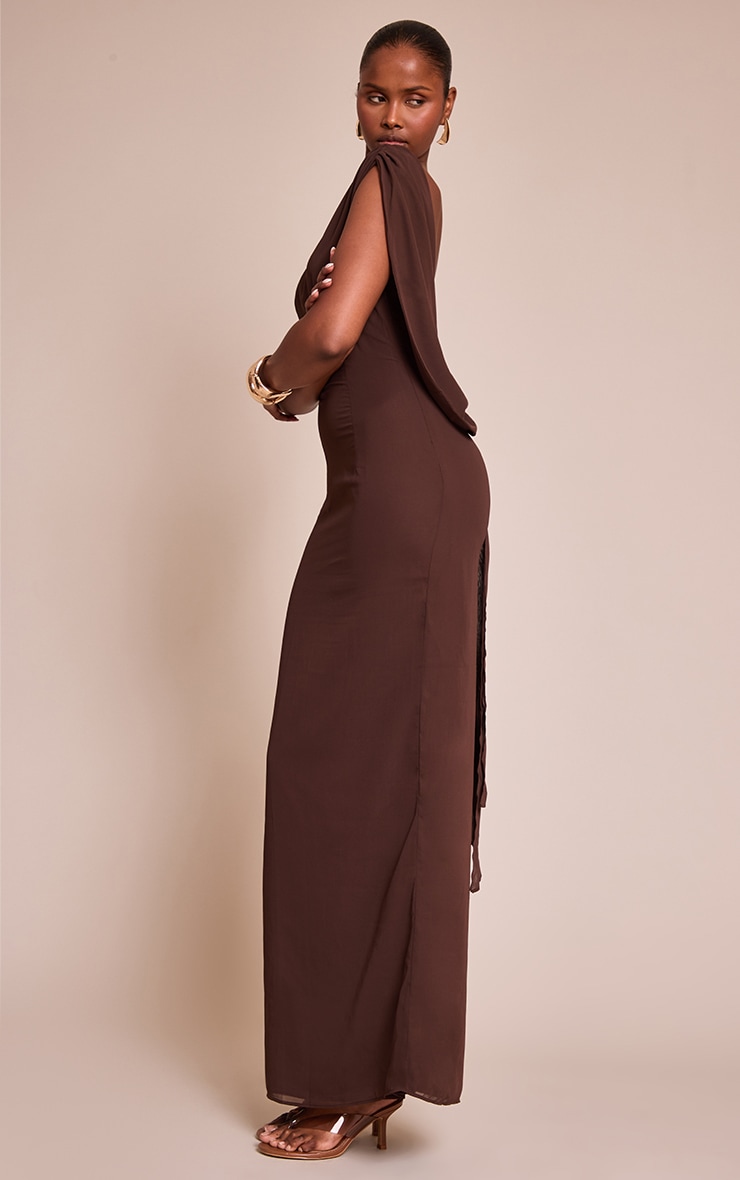 Chocolate Boat Neck Back Cowl Trim Detail Maxi Dress image 3