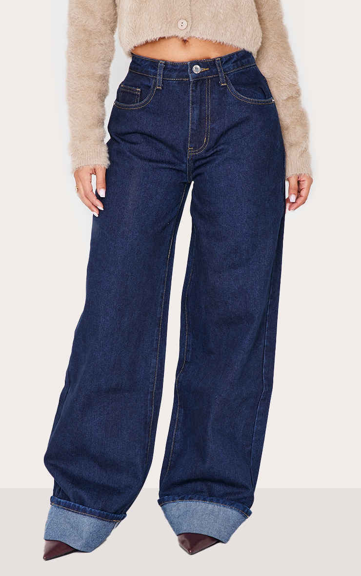Petite Indigo Wide Leg Turn Up Hem Jeans image 2