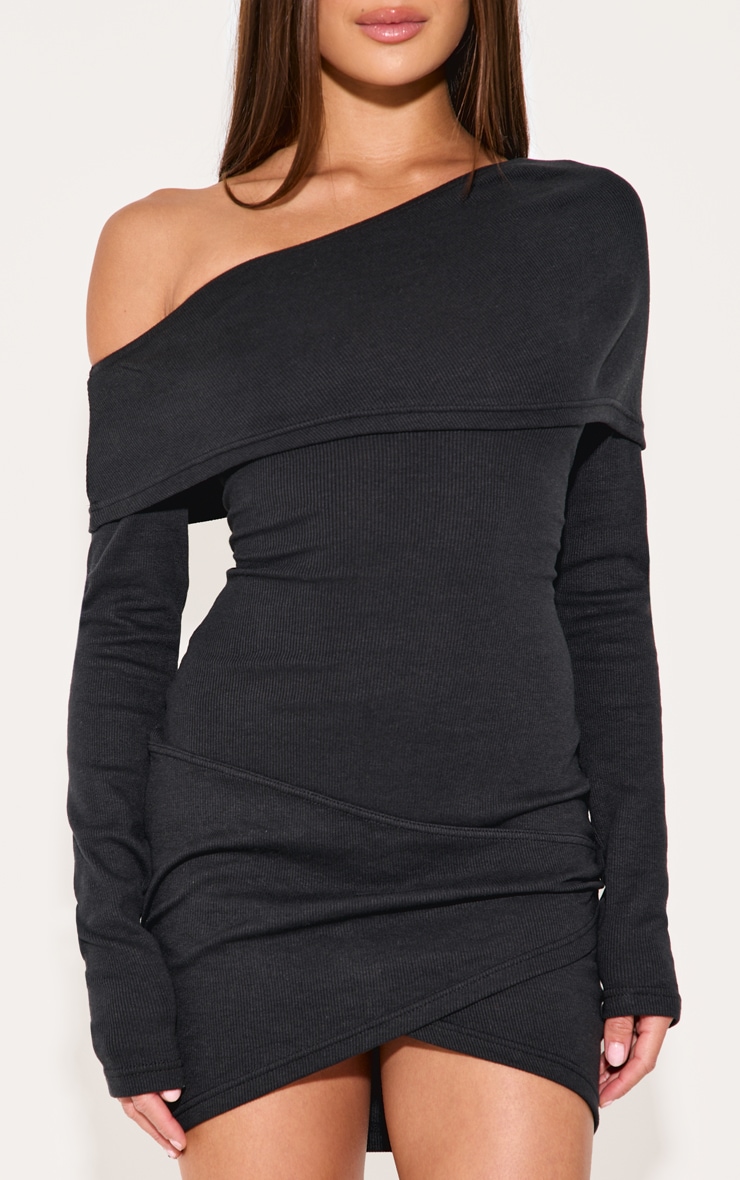 Black Rib Bardot Wrap Mini Dress image 4
