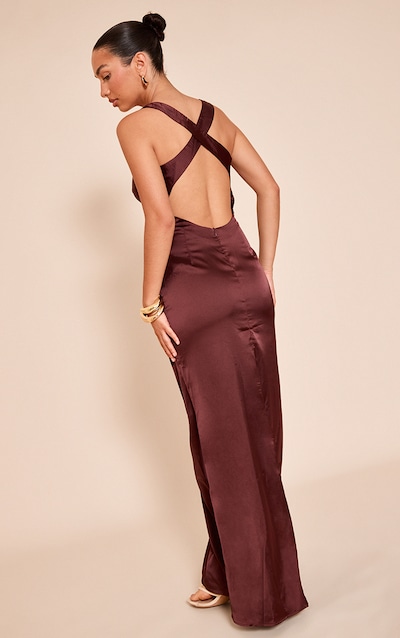 Chocolate Satin Cross Back Midaxi Dress