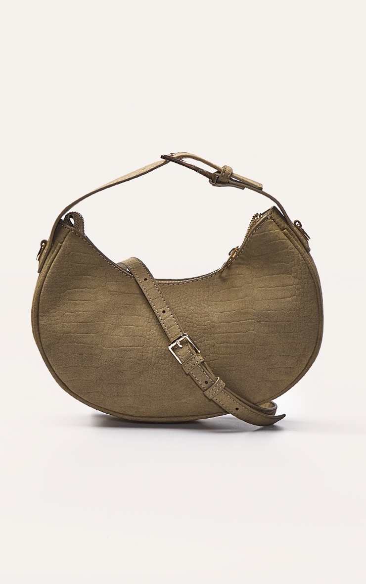 Olive Faux Suede Croc Crescent Shoulder Bag image 2