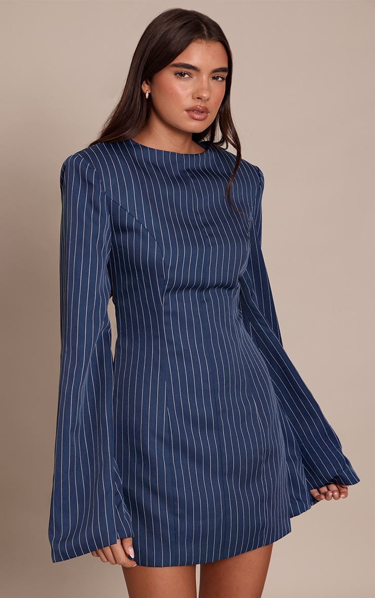 Navy Pinstripe Boat Neck Structured Long Sleeve Mini Dress image 1