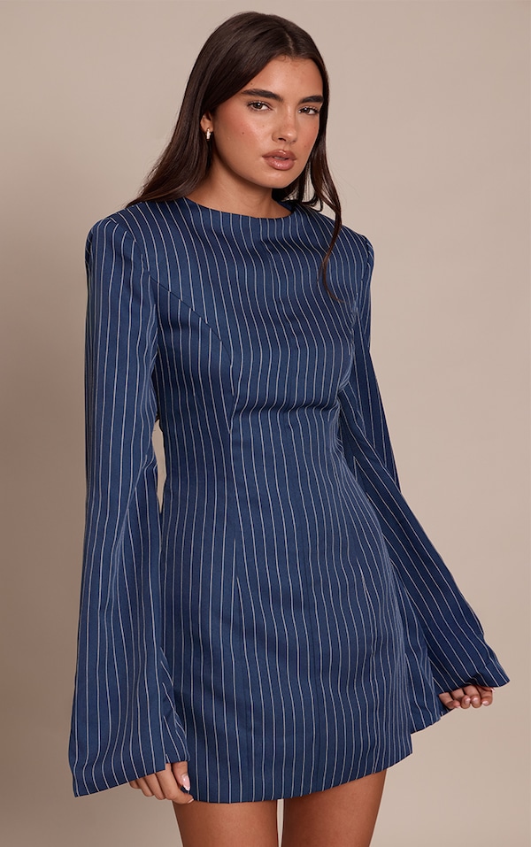 Navy Pinstripe Boat Neck Structured Long Sleeve Mini Dress