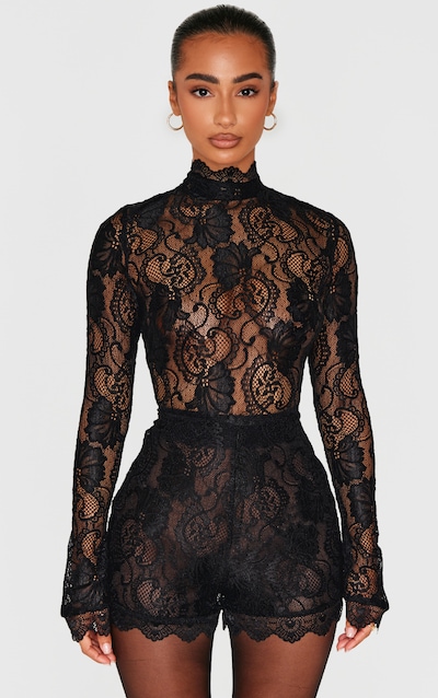 Petite Black Lace Long Sleeve Fitted Playsuit