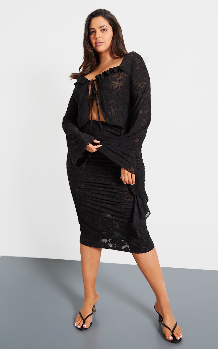 Plus Black Devore Frilled Tie Crop Top image 3