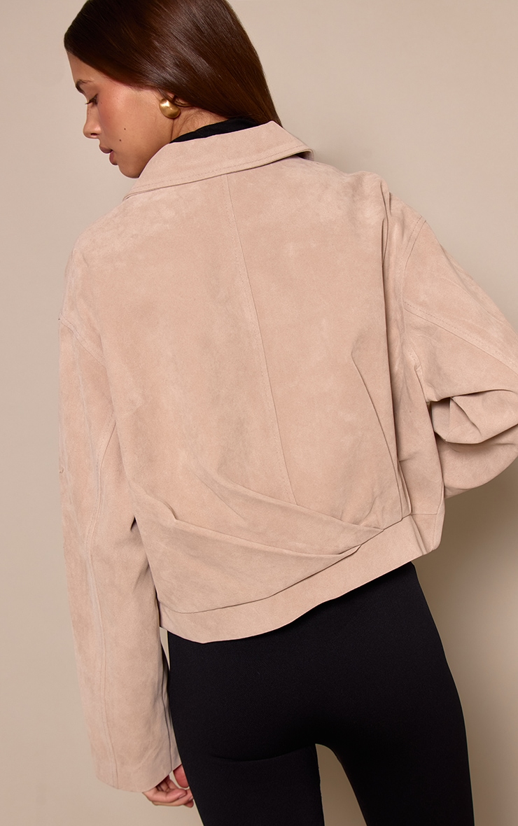 Bone Gathered Hem Zip Up Suede Jacket image 2