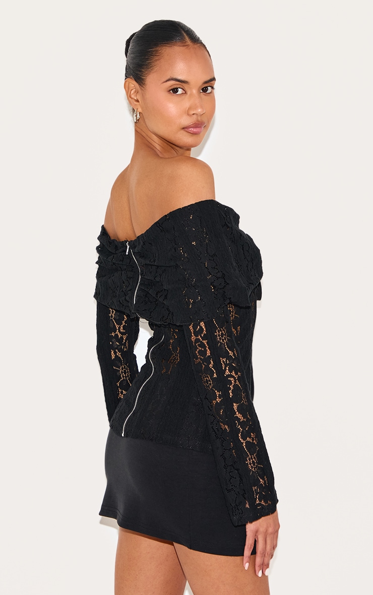 Black Fitted Lace Flared Sleeve Bardot Top image 2
