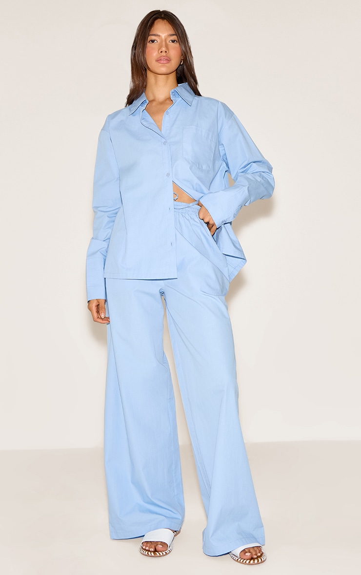 Sky Blue Cotton Poplin Oversized Long Sleeve Shirt | Co-ords