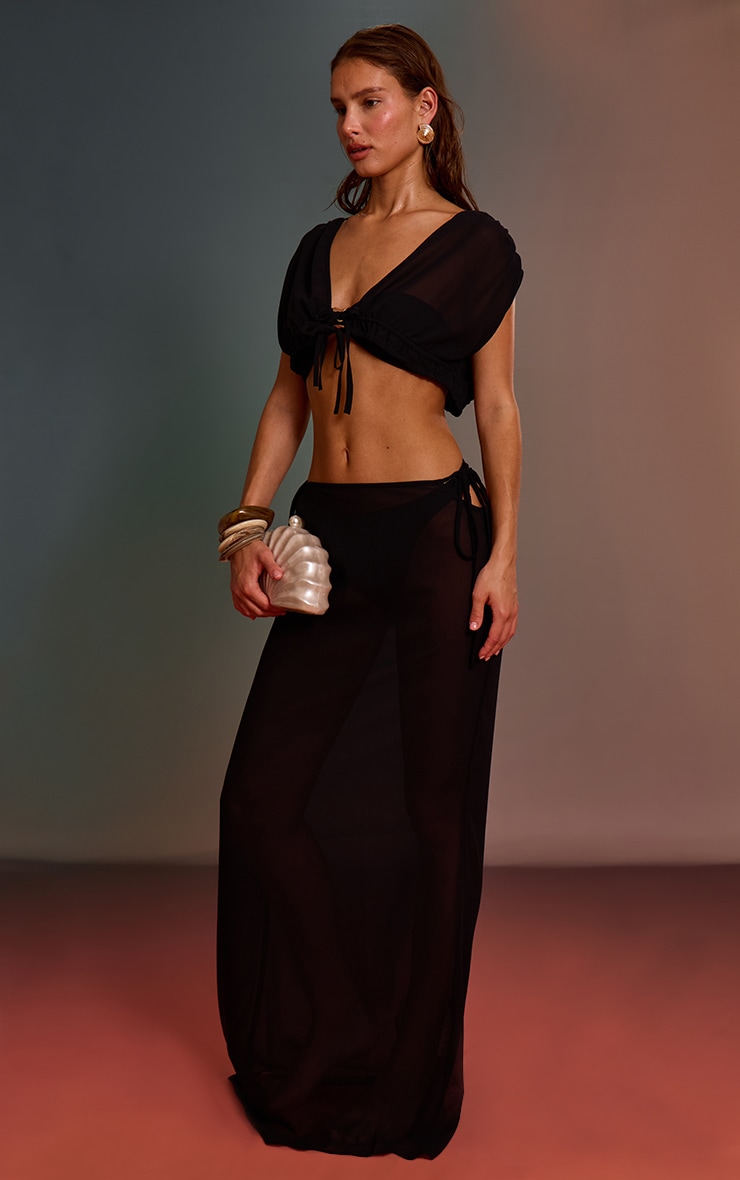 Black Ruched Plunge Chiffon Beach Top image 3