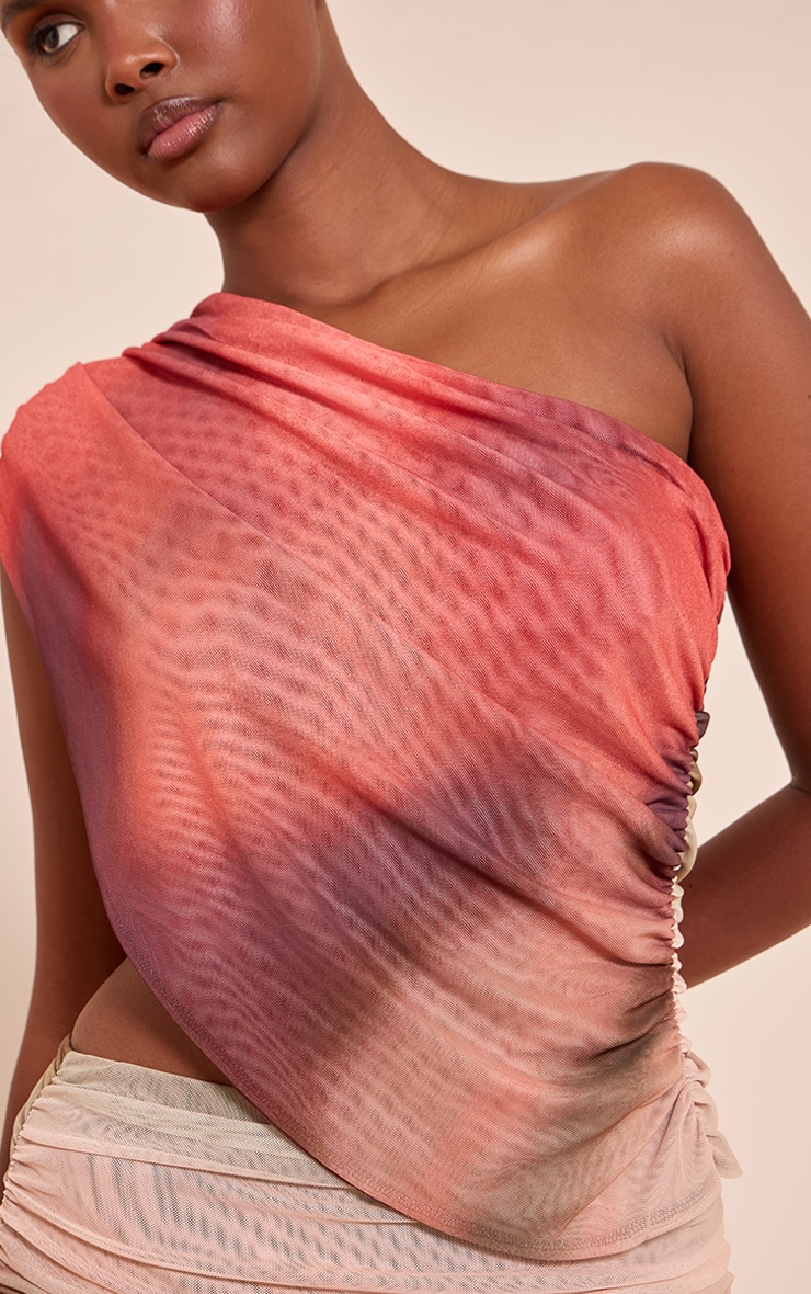 Multi Abstract Print Mesh One Shoulder Ruched Top image 4