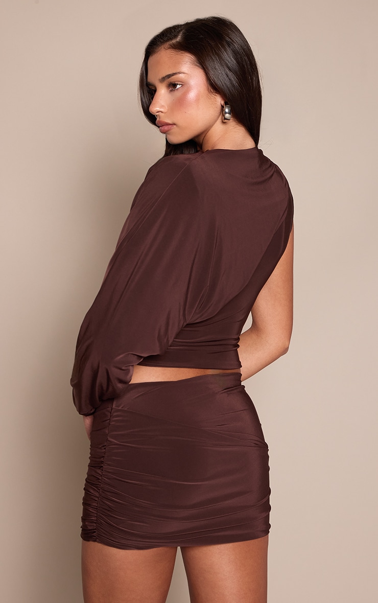 Dark Brown Slinky Low Rise Ruched Mini Skirt image 3