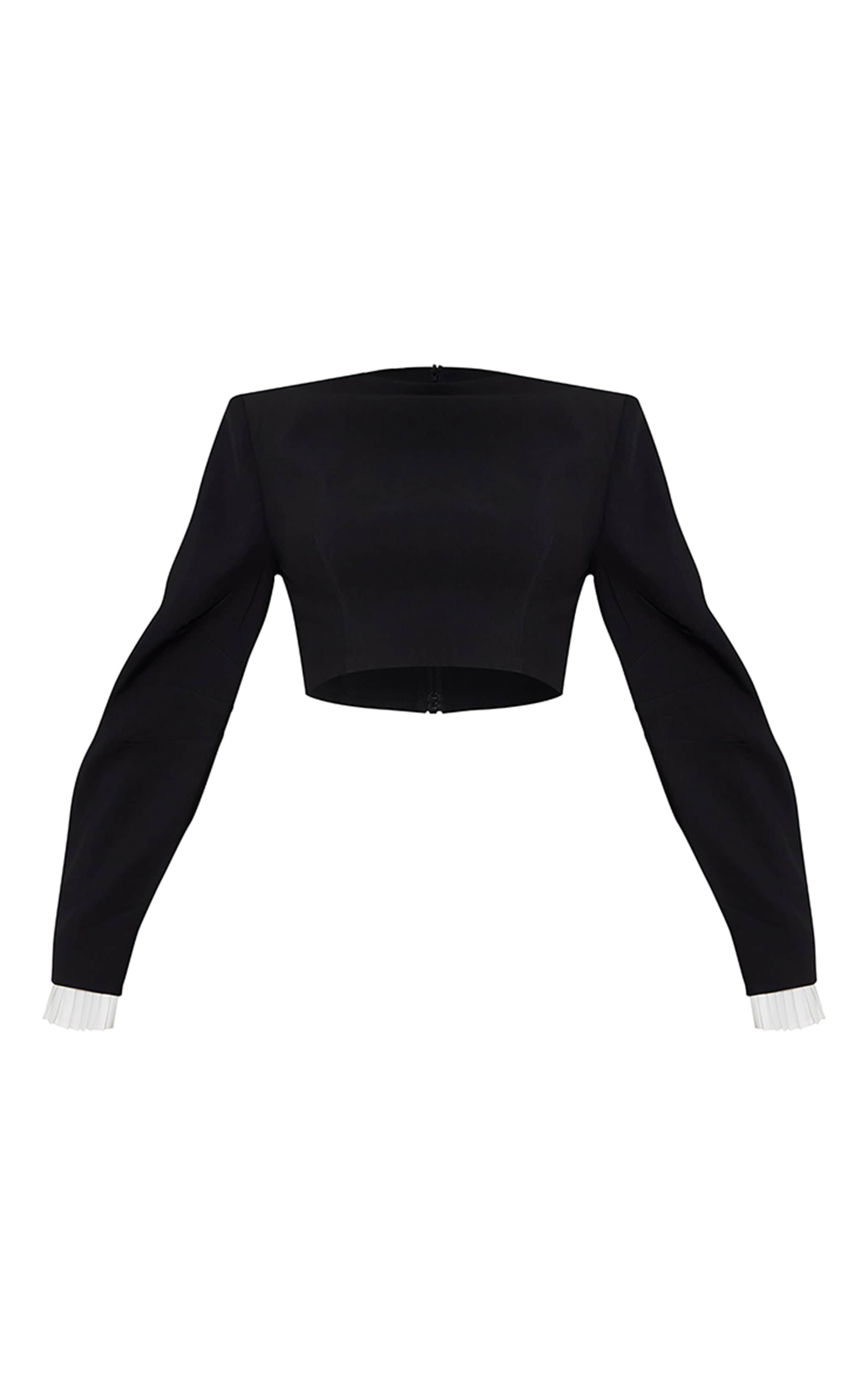 Premium Black Woven Long Sleeve Contrast Trim Crop Top image 5