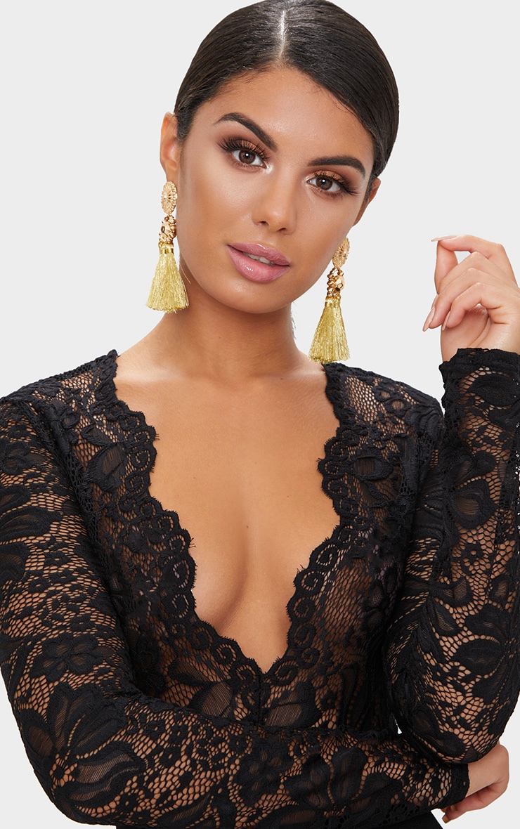 black lace long sleeve plunge jumpsuit