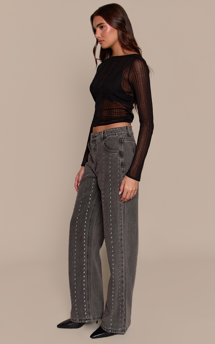 Washed Grey Studded High Waisted Denim Jeans image 2