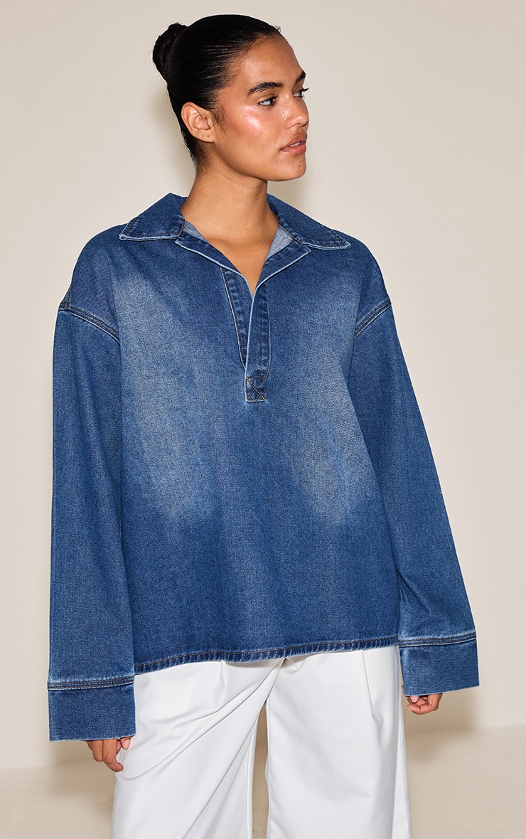 Mid Blue Wash Long Sleeve Oversized Denim Rugby Shirt image 4