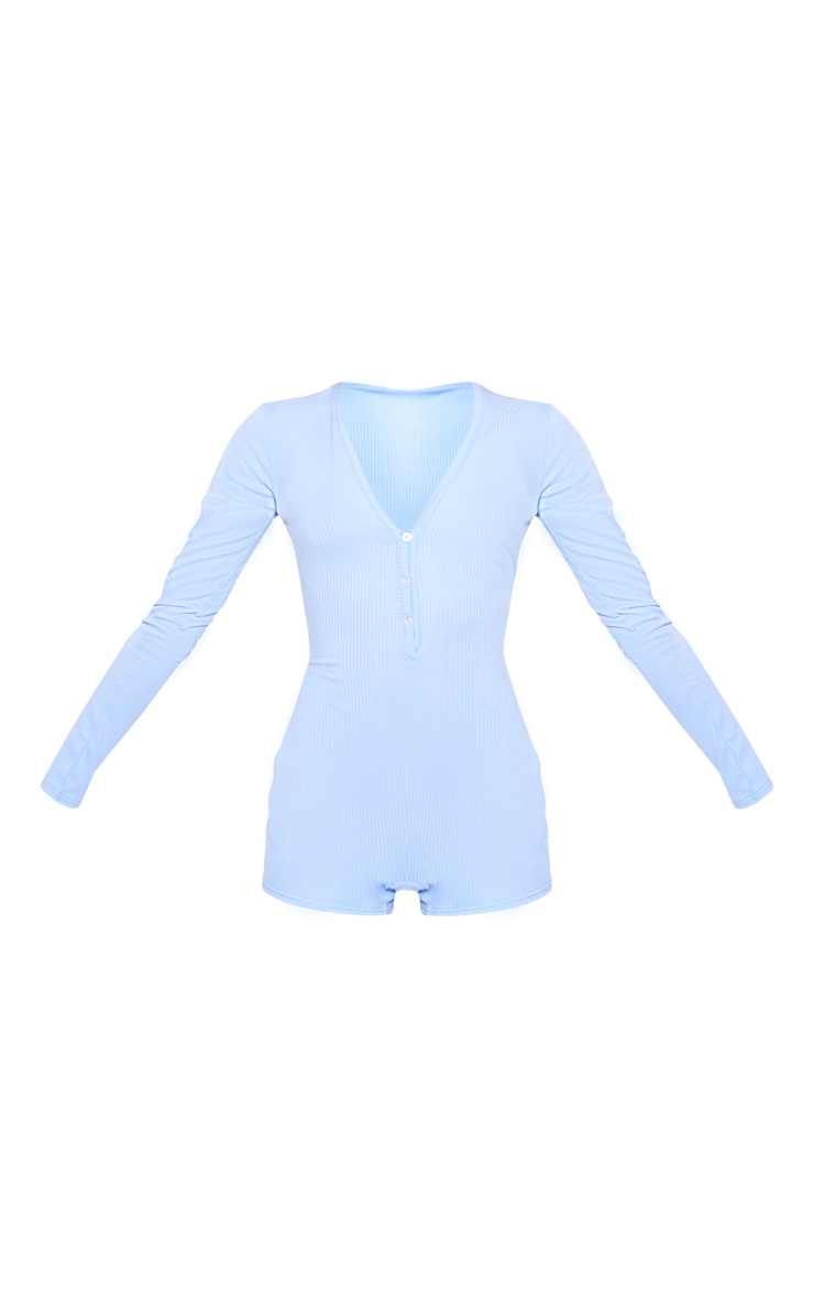 Baby Blue Ribbed Long Sleeve Button Up Romper image 1